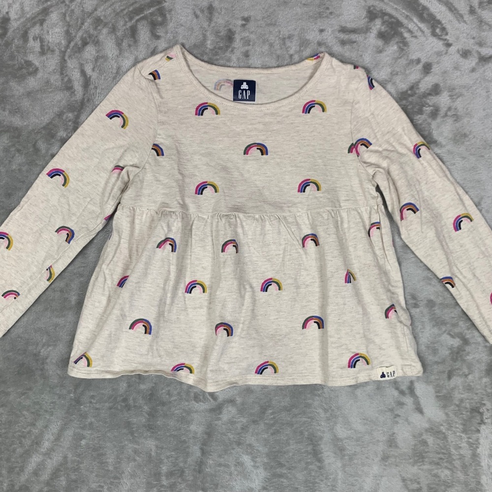 GAP Toddler Girls 4T Rainbow Peplum Top Long Sleeve Cream Cotton Tunic Shirt